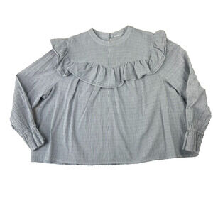 A.N.A Womens Blouse Size 3X (28") Long Sleeve Pin Stripe Ruffle Cotton Top New